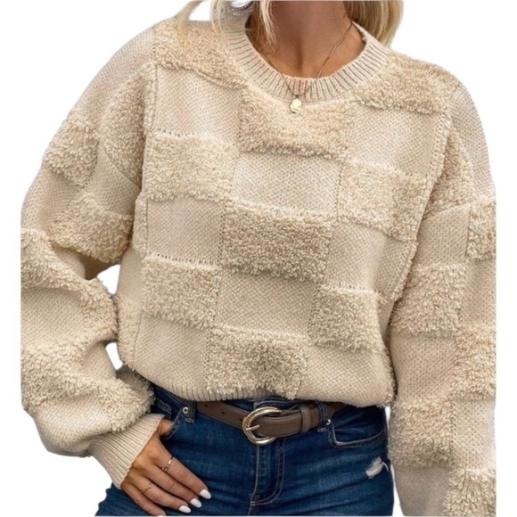 So Me Sweaters - Women’s Cream Tan Checkered Textured Thick Sweater Pattern Winter New M-L